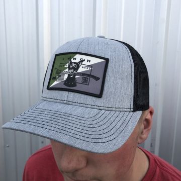 Richardson Heather Grey/Black Snapback Trucker Cap with Camo Dog Patch