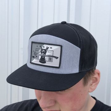 Richardson 7 Panel Heather Grey/Black Snapback Trucker Cap - Snow Camo Dog Patch