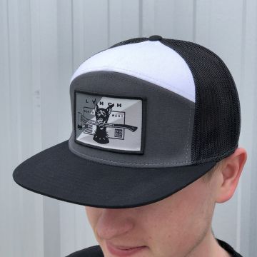 Richardson 7 Panel Charcoal/Black/White Snapback Trucker Cap - Snow Camo Dog Patch