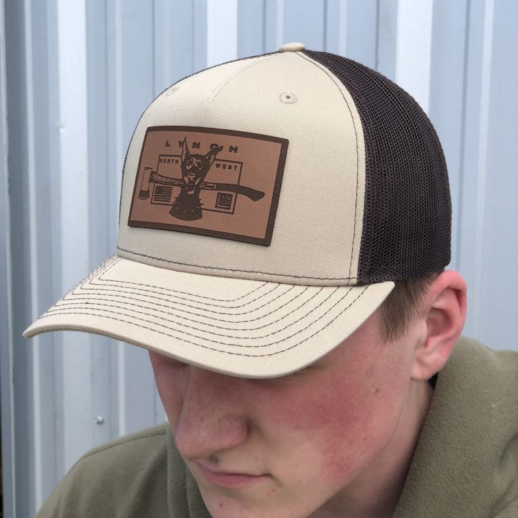 Richardson Khaki/Coffee Snapback Trucker Cap with Leather Dog Patch (112)