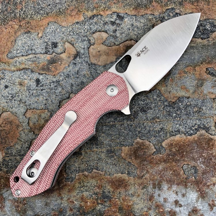 GiantMouse ACE Biblio Red Canvas Micarta Böhler M390 Satin Blade Titanium Deep Carry Clip