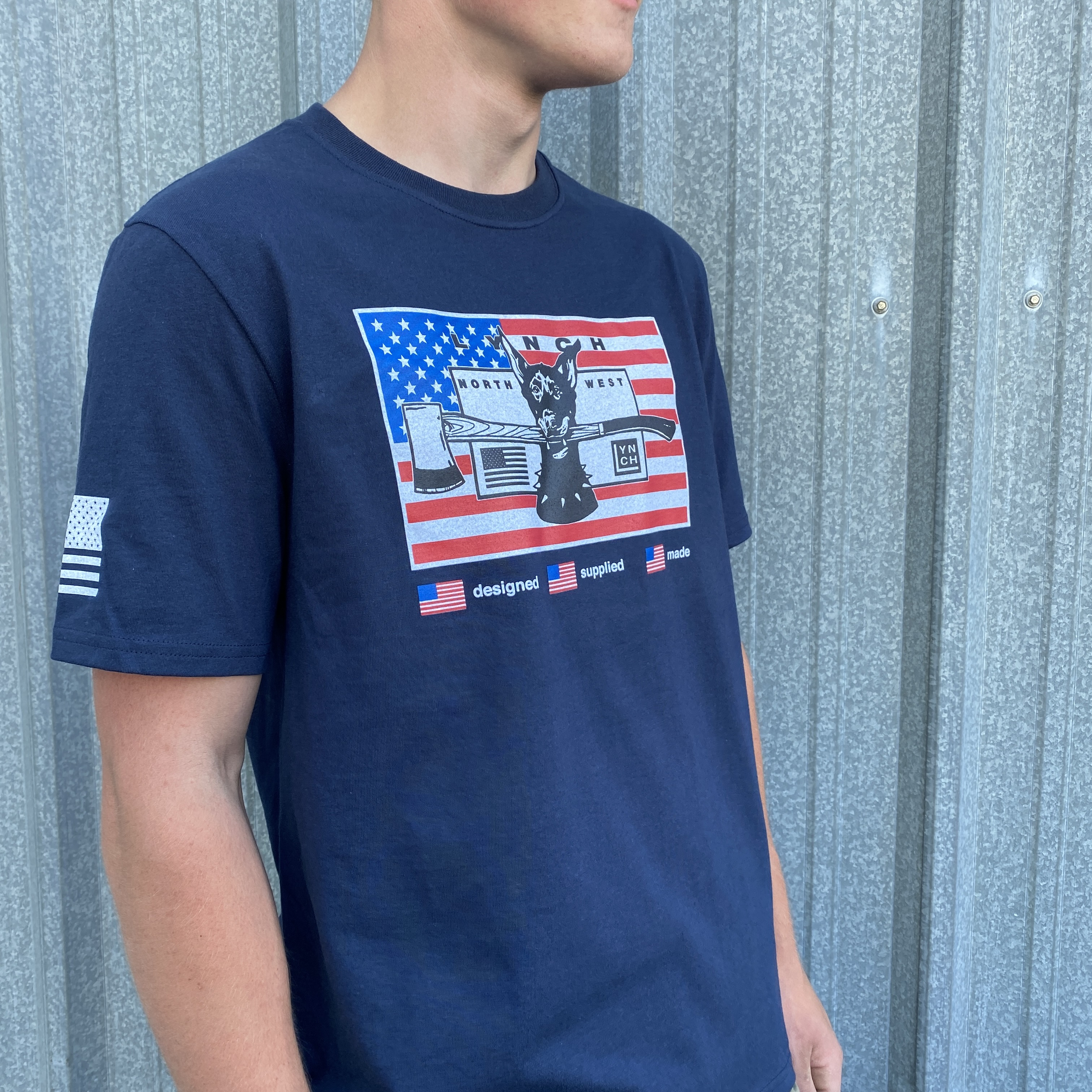 Volunteer Knitwear Chore T-Shirt Patriot Dog Strong Navy w/ White Flag  T-Shirt (VL60)