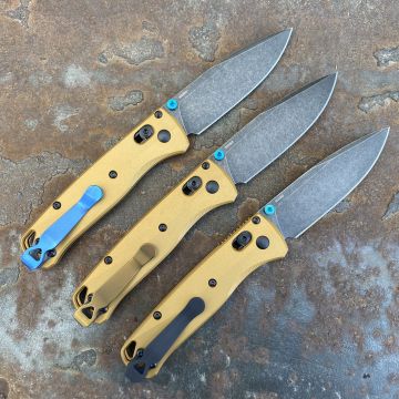 Benchmade Bugout Burnt Bronze Aluminum Scales 3.2" DLC Battle M390 Blade Deep Carry Titanium Clip