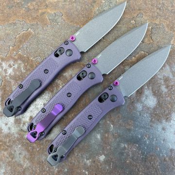 Benchmade Mini Bugout Purple Grivory Scales 2.3" Gray Cerakote S30V Blade Deep Carry Titanium Clip