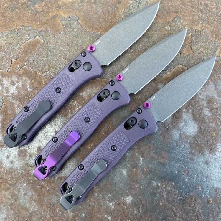 Benchmade Mini Bugout Purple Grivory Scales 2.3" Gray Cerakote S30V Blade Deep Carry Titanium Clip