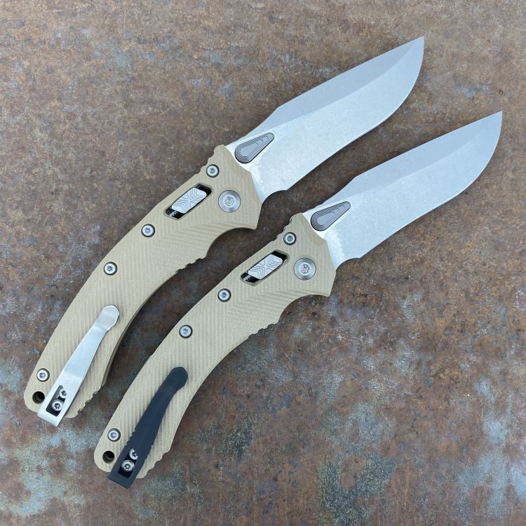 Microtech Amphibian Ram-Lok Fluted Tan G10 Stonewashed M390 Deep Carry Titanium Clip