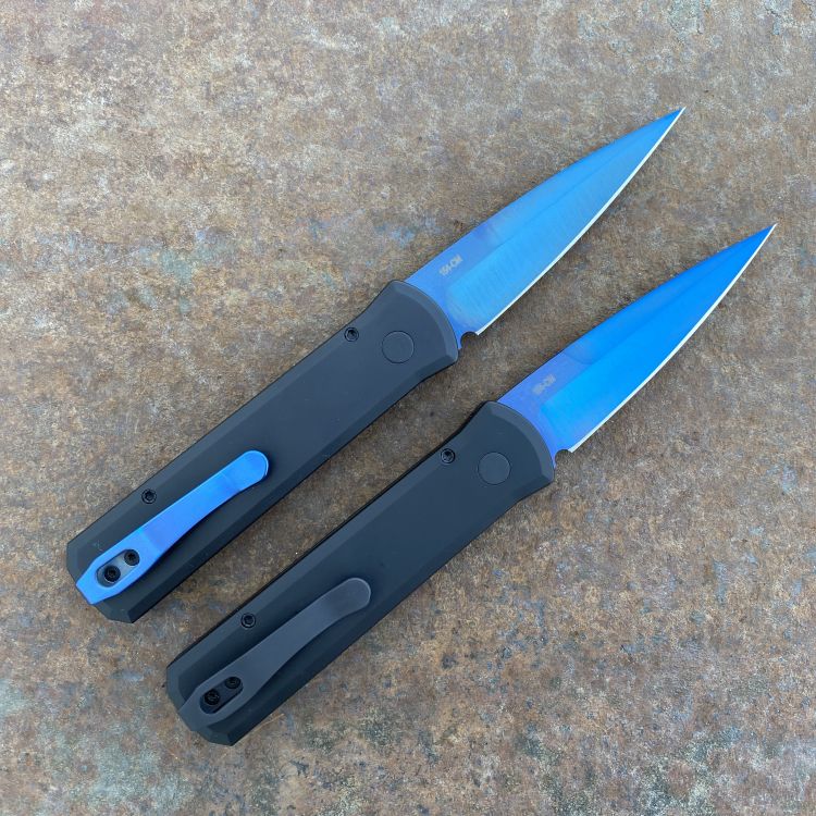 Pro-Tech Godson Auto Black Aluminum/G10 Sapphire Blue 154CM Blade Deep Carry Titanium Clip