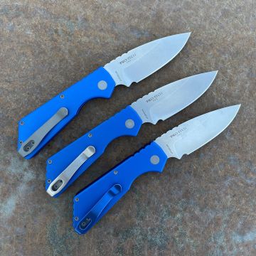 Pro-Tech Strider PT+ Auto Blue Aluminum Stonewashed Magnacut Blade Deep Carry Titanium Clip