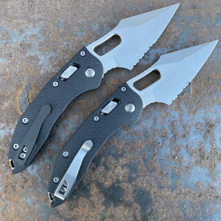 Microtech Stitch Ram-Lok Fluted Black G10 Partial Serrated Stonewashed M390 Deep Carry Titanium Clip