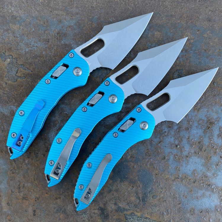 Microtech Stitch Ram-Lok Fluted Turquoise Aluminum Stonewashed M390 Deep Carry Titanium Clip