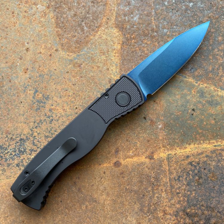 Pro-Tech TR-2 Auto Textured Black Aluminum Sapphire Blue MagnaCut Blade Deep Carry Titanium Clip