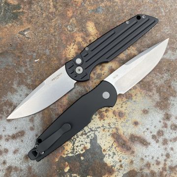 Pro-Tech TR-3 Auto Black Grooved Aluminum Stonewashed 154CM Blade Deep Carry Titanium Clip